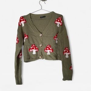 Olive Cardigan with Red Mushroom Design